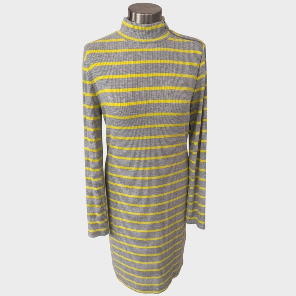 Banana Republic Large Mock Neck Green Gray Stripe Ribbed Dress